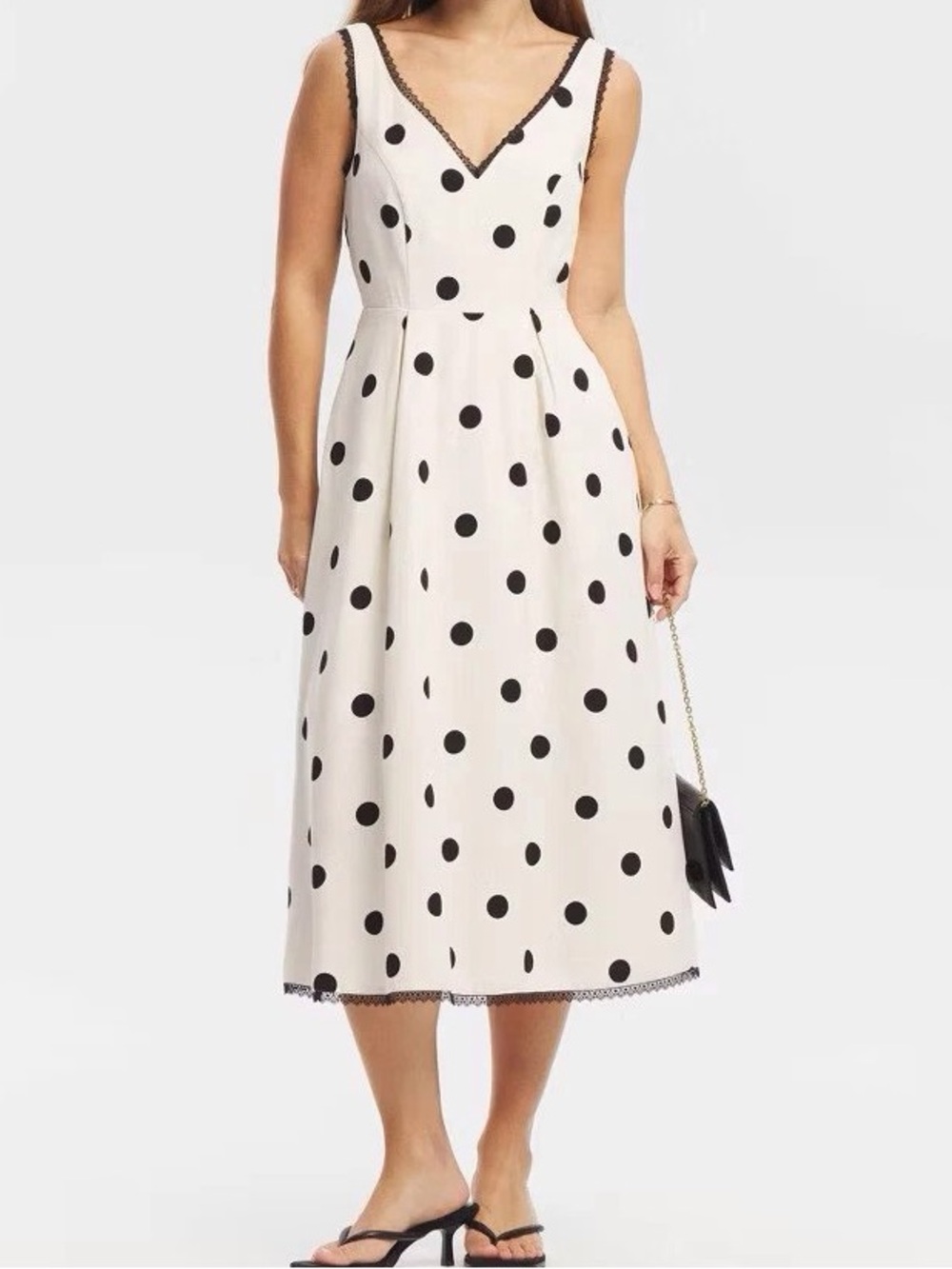Sleeveless White Midi Dress with Black Polka Dots